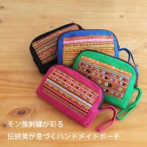 彩り華やぐモン族刺繍のスクエア型コットンポーチ