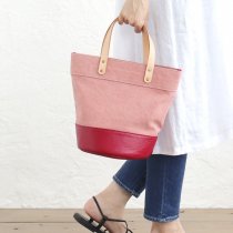 【送料無料】本牛革と22オンス帆布のヌメ革ハンドルバケツ型トートバッグ