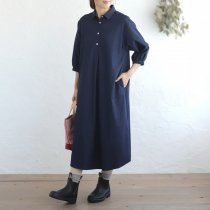 【送料無料】柔らかな4ozデニム シャツカラー七分袖ワンピース （インディゴ）OP45