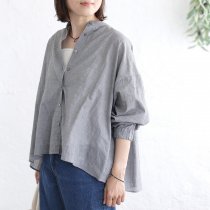 コットン バンドカラー ワイドブラウス （千鳥格子グレー）TP11