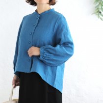 【送料無料】桐七炊きリネン100% バンドカラーブラウス（ブルー）TP52