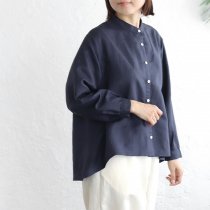 【送料無料】リネン バンドカラーAラインシャツブラウス （ネイビー）TP10