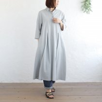 【送料無料】東炊きコットンリネン シャツカラータックワンピース 七分袖（グレー）OP49