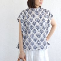 インド綿ブロックプリント フレンチスリーブバンドカラーブラウス （ブーケ）TP42