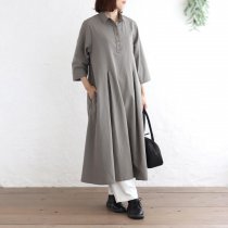 【送料無料】東炊きコットンリネン シャツカラータックワンピース 七分袖 OP53