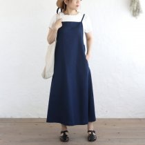 混紡デニム サロペットスカート バックリボンで長さ調整可 （ネイビー）