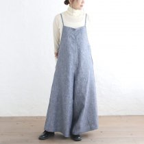 【送料無料】リネン サロペット ワイドパンツ リボンで長さ調整可 （シャンブレーネイビー）